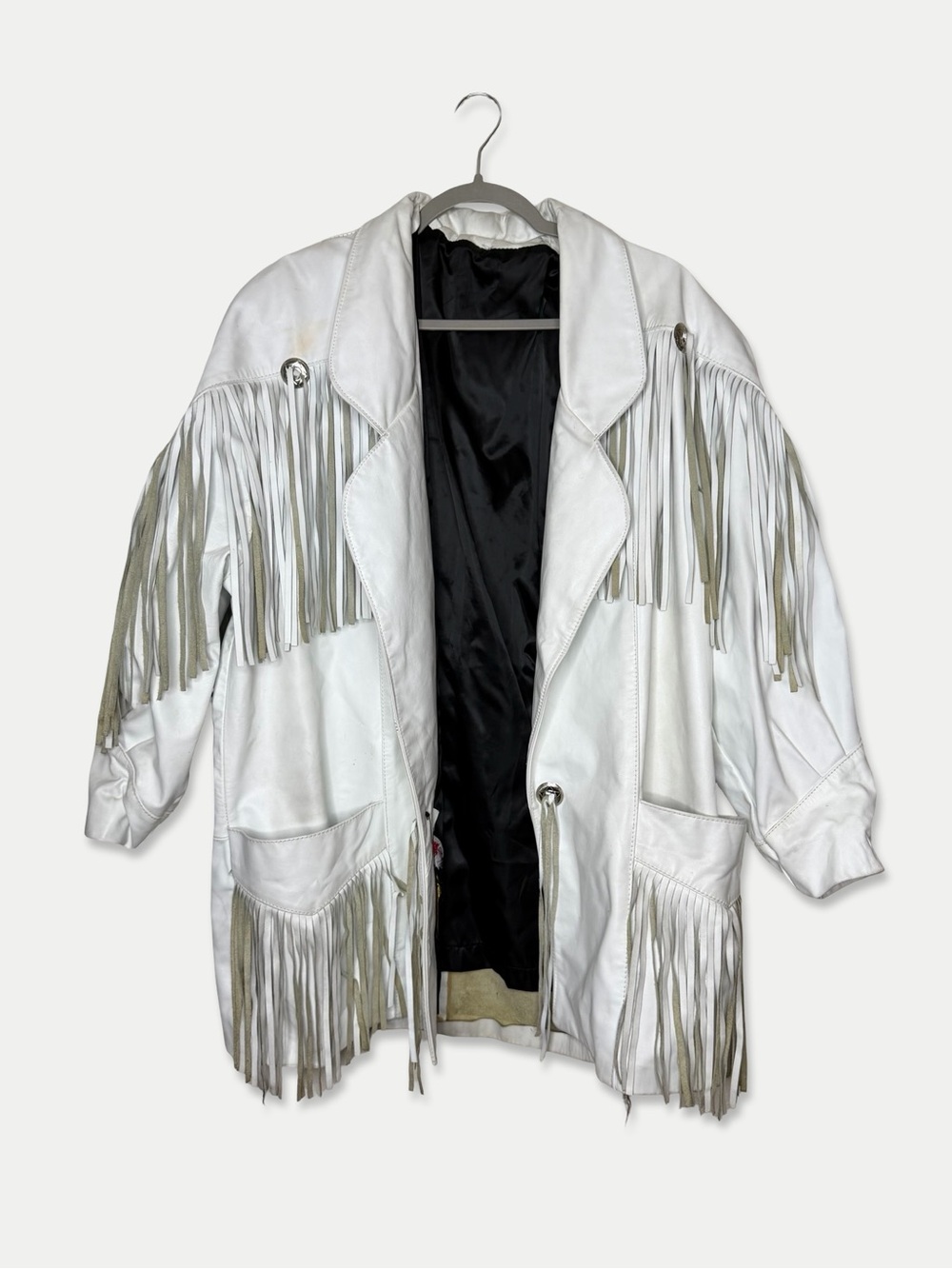 Vintage American Leather White Fringe Western Jacket L Made USA Cowboy Oversized